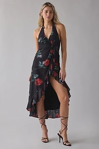 UO Twisted Tie Mesh Asymmetric Ruffle High-Low Midi Dress