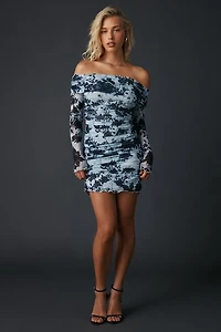 UO What You Want Studded Mesh Off-The-Shoulder Long Sleeve Mini Dress