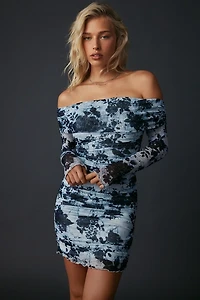 UO What You Want Studded Mesh Off-The-Shoulder Long Sleeve Mini Dress