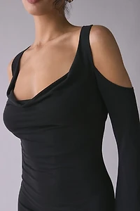 UO Take The Plunge Double Cowl Cold Shoulder Long Sleeve Mini Dress