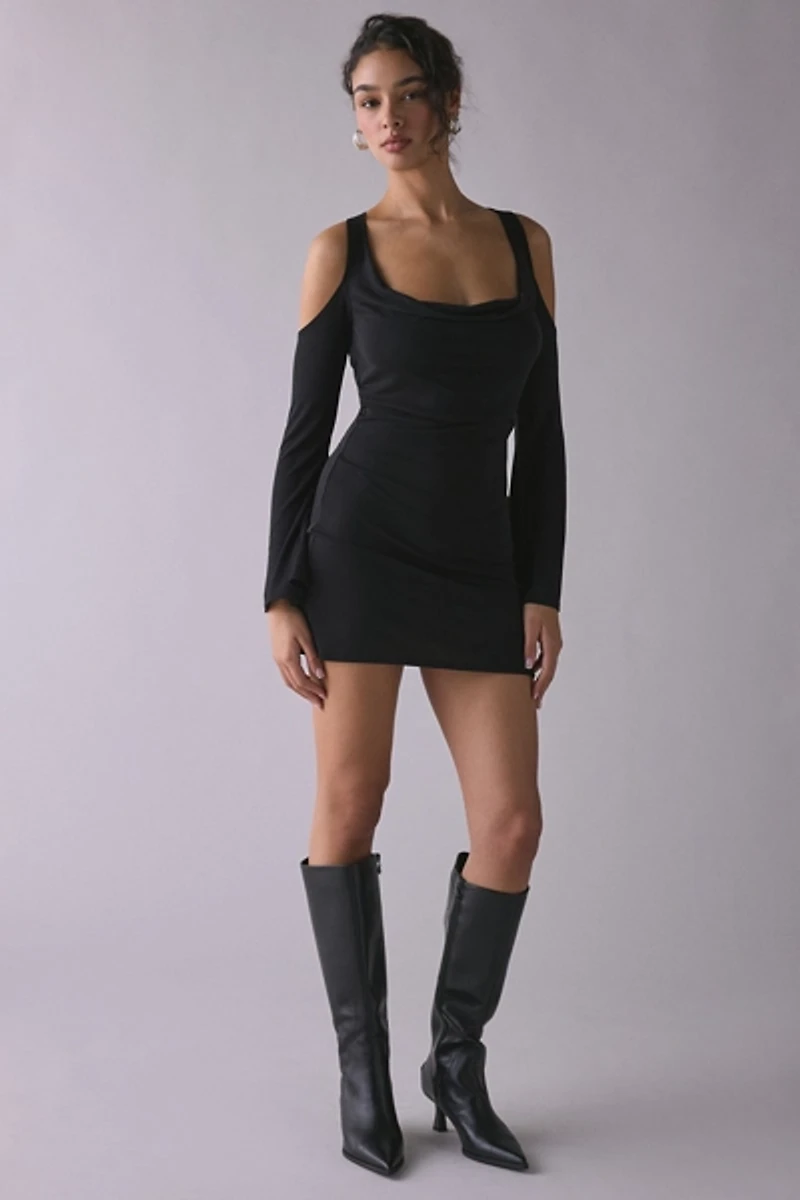 UO Take The Plunge Double Cowl Cold Shoulder Long Sleeve Mini Dress