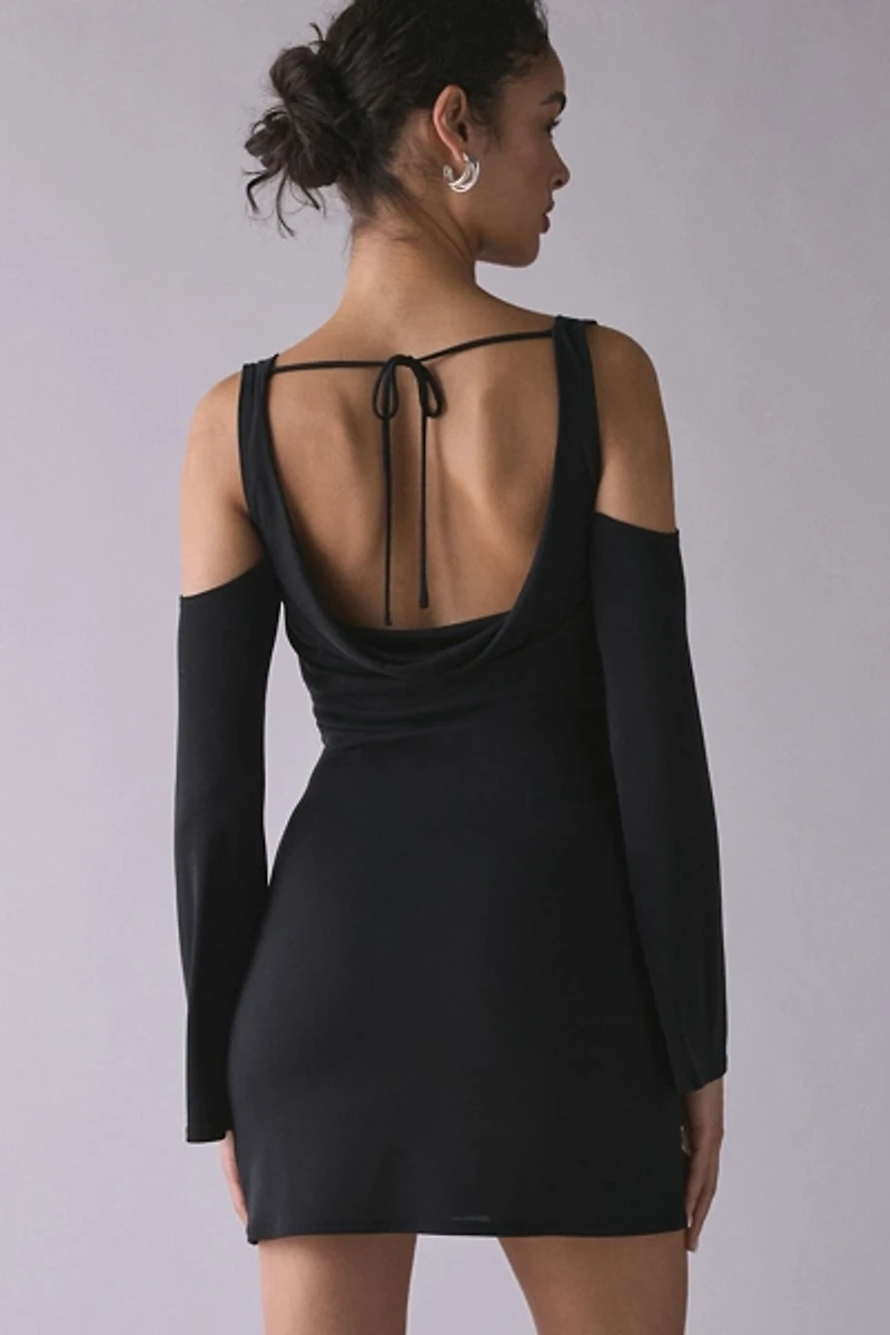 UO Take The Plunge Double Cowl Cold Shoulder Long Sleeve Mini Dress