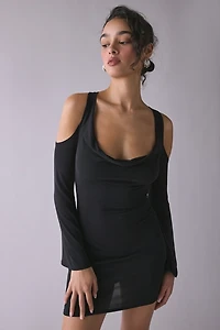 UO Take The Plunge Double Cowl Cold Shoulder Long Sleeve Mini Dress