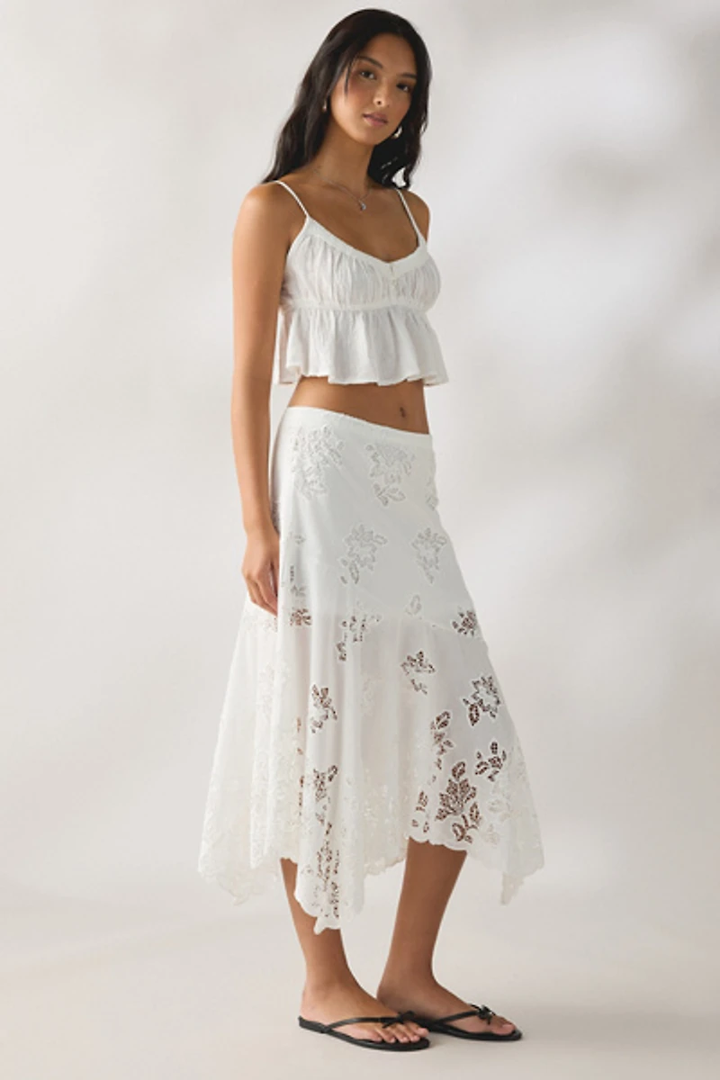 Kimchi Blue Elena Eyelet Lace Hanky Hem Midi Skirt