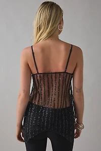 UO Mel Sequin Beaded Sheer Mesh Babydoll Cami