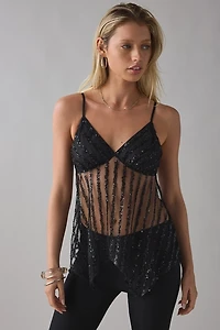 UO Mel Sequin Beaded Sheer Mesh Babydoll Cami