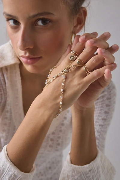Pearl Charm Hand Chain Ring Set