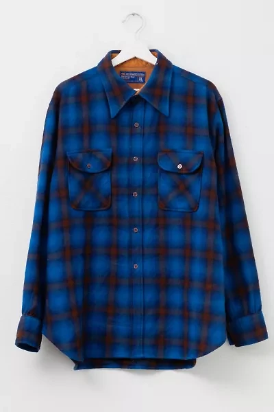 Vintage 1980s Distressed Wool Blue Plaid Button Up Shirt