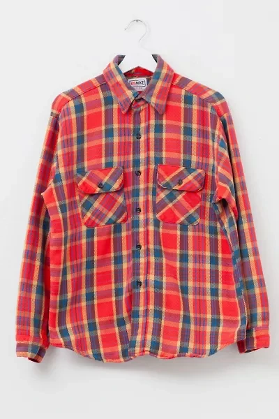 Vintage 1980s Distressed Flannel Red Yellow Plaid Cotton Button Up Shirt Made in USA