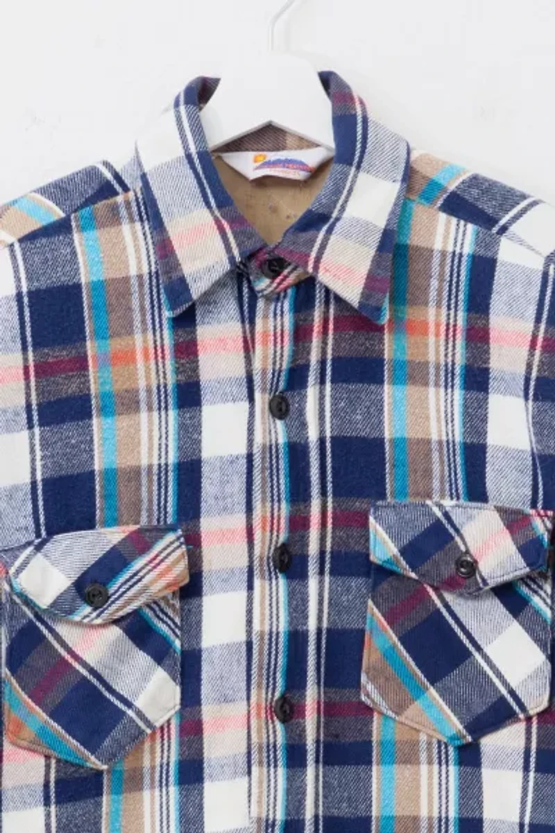 Vintage 1990s Distressed Blue White Plaid Quilt Lined Button Up Shirt