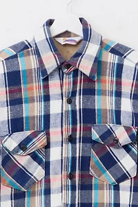 Vintage 1990s Distressed Blue White Plaid Quilt Lined Button Up Shirt