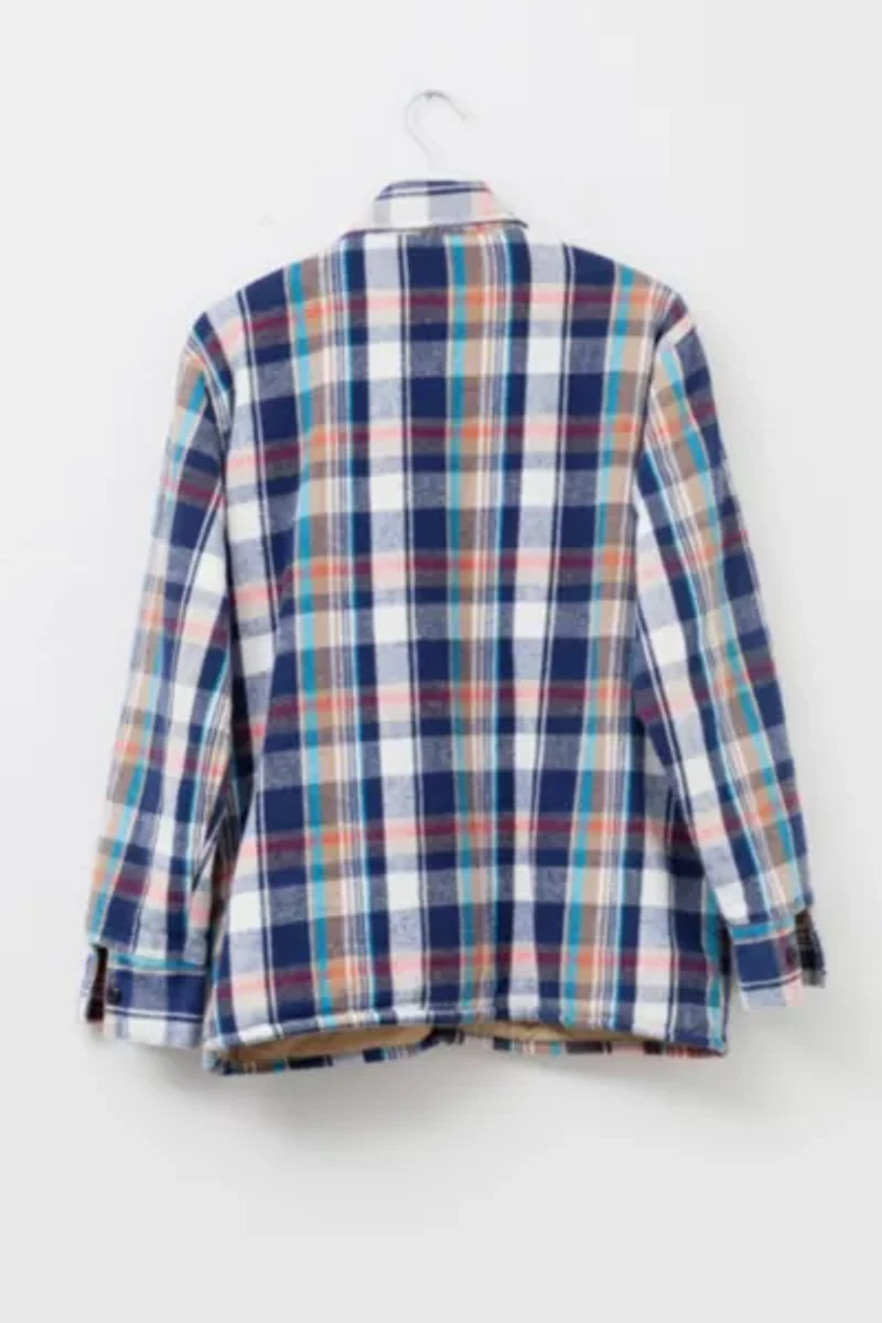 Vintage 1990s Distressed Blue White Plaid Quilt Lined Button Up Shirt