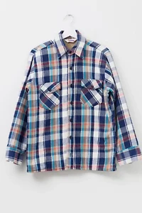 Vintage 1990s Distressed Blue White Plaid Quilt Lined Button Up Shirt