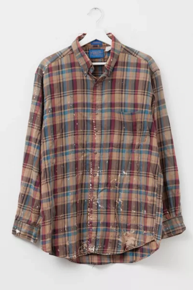 Vintage 1990s Pendleton Distressed Plaid Button Up Cotton Shirt
