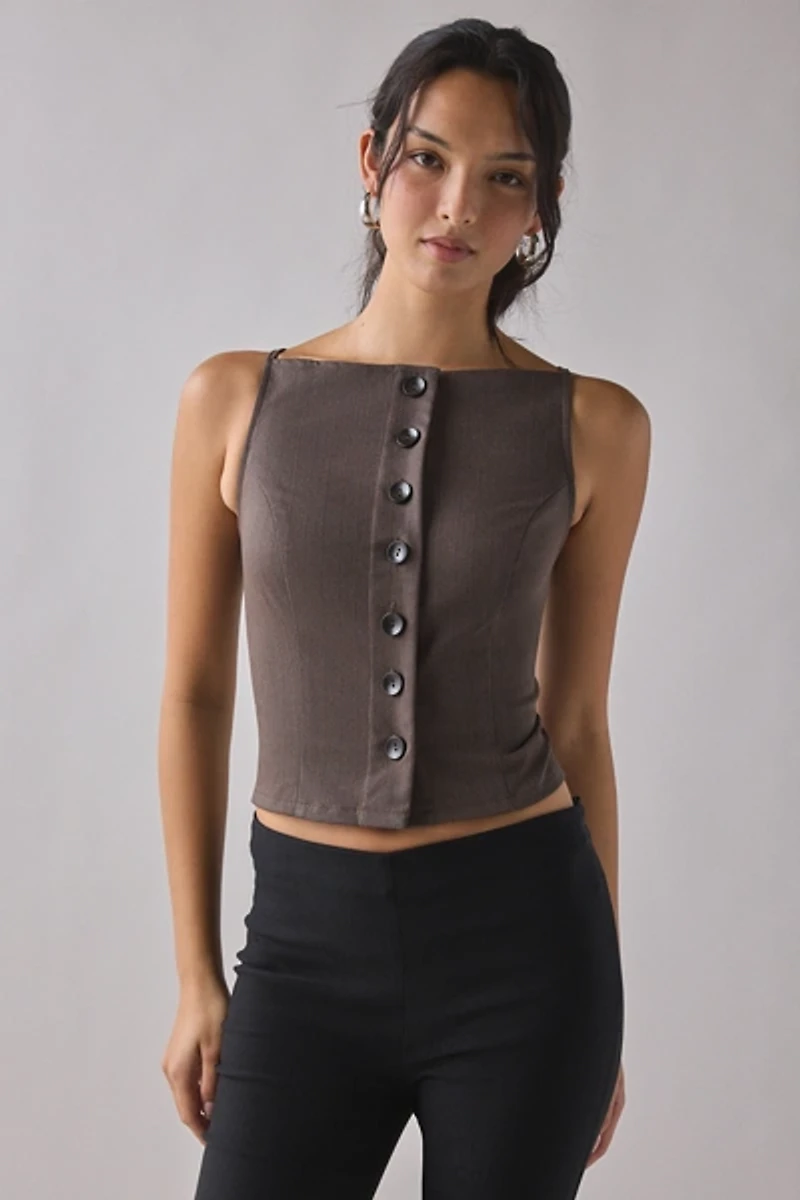 ReMADE By UO Remnants Pinstripe Button-Front High Boatneck Tank Top