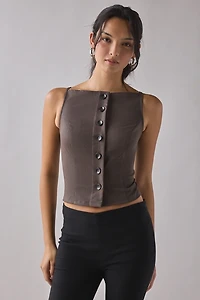 ReMADE By UO Remnants Pinstripe Button-Front High Boatneck Tank Top