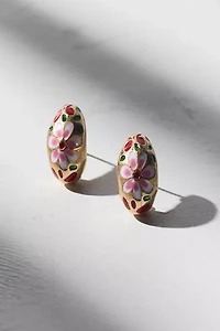 Floral Rhinestone Enameled Teardrop Earring