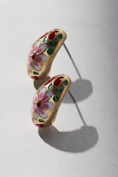 Floral Rhinestone Enameled Teardrop Earring