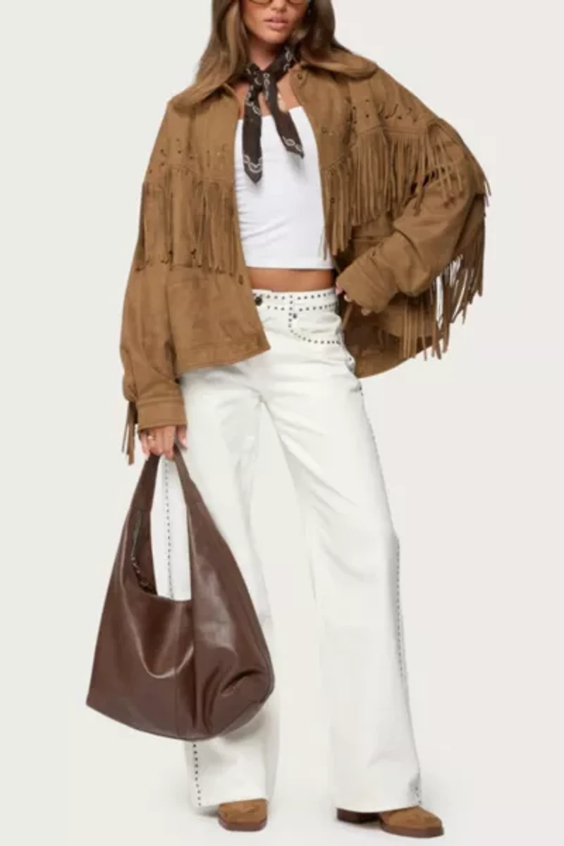 Edikted Evonka Fringe Faux Suede Jacket