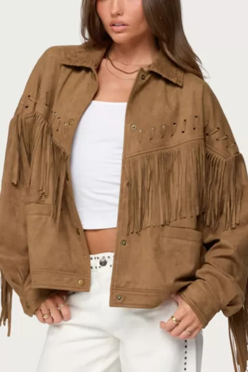 Edikted Evonka Fringe Faux Suede Jacket