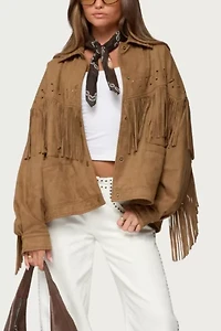 Edikted Evonka Fringe Faux Suede Jacket