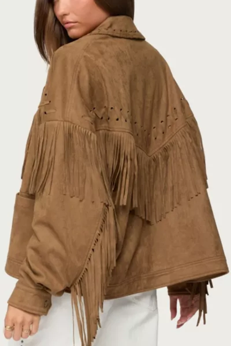 Edikted Evonka Fringe Faux Suede Jacket