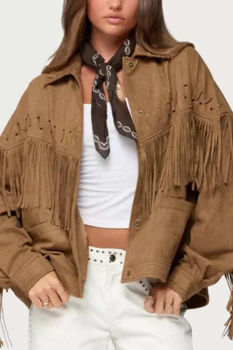 Edikted Evonka Fringe Faux Suede Jacket