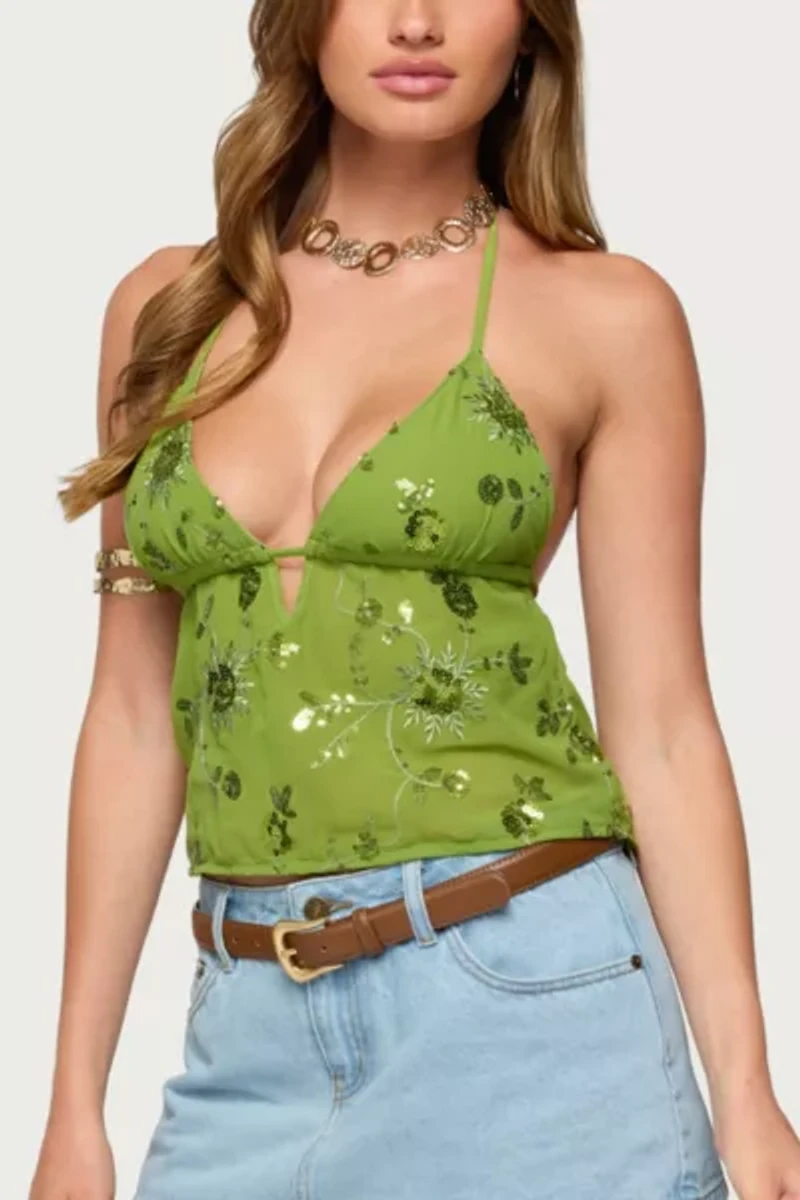 Edikted Kiki Sequin Floral Chiffon Halter Top