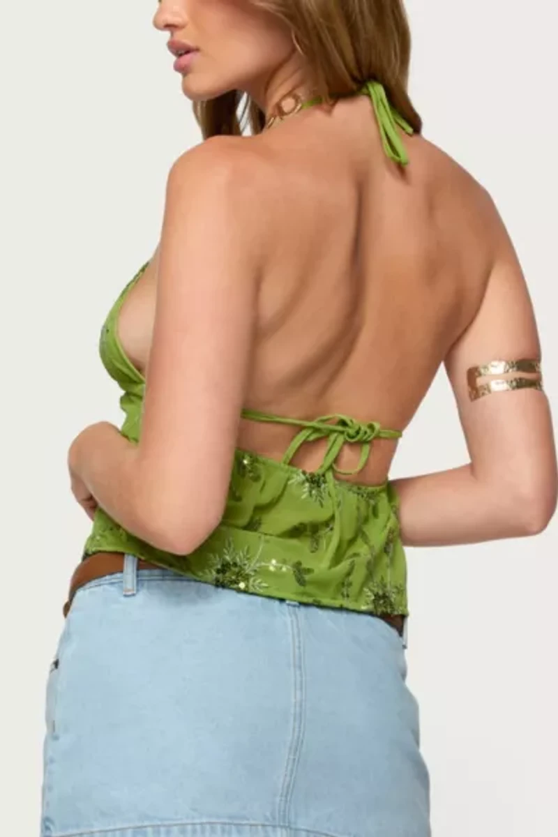 Edikted Kiki Sequin Floral Chiffon Halter Top