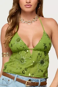 Edikted Kiki Sequin Floral Chiffon Halter Top