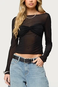 Edikted Oona Sheer Gathered Long Sleeve Top