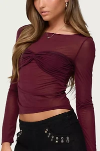 Edikted Oona Sheer Gathered Long Sleeve Top