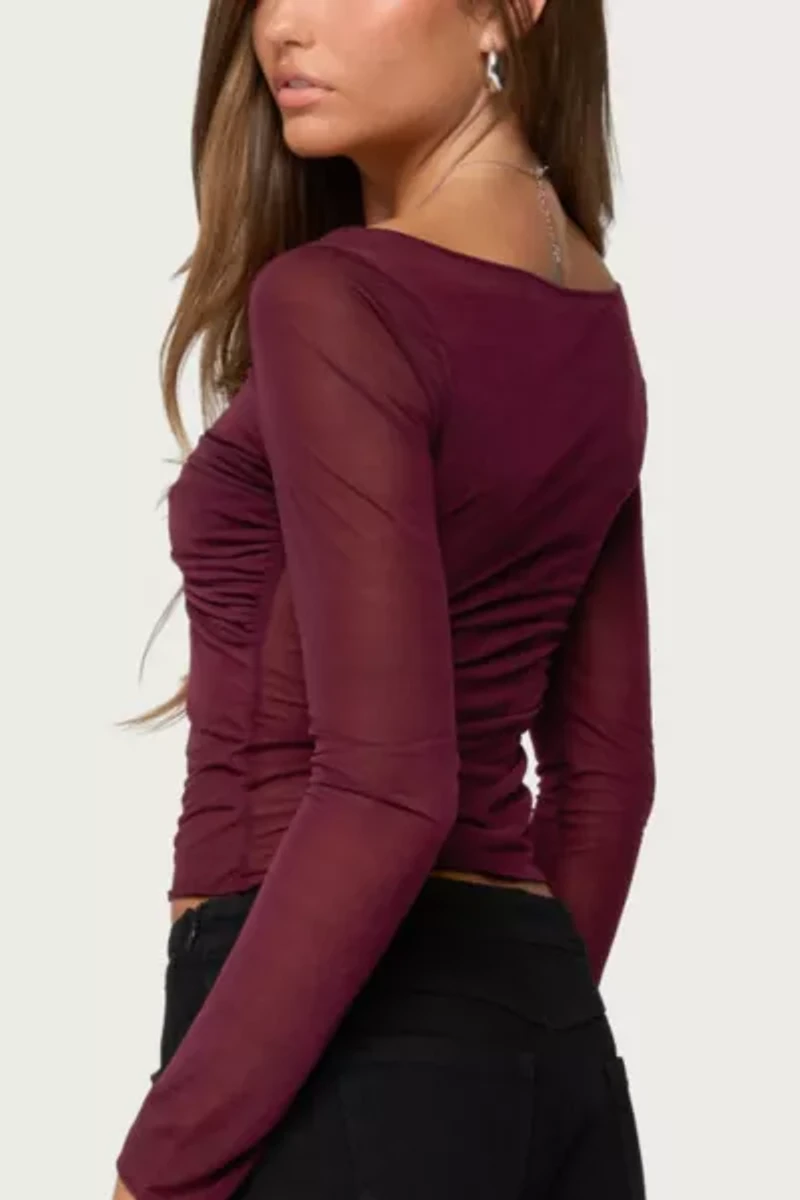 Edikted Oona Sheer Gathered Long Sleeve Top