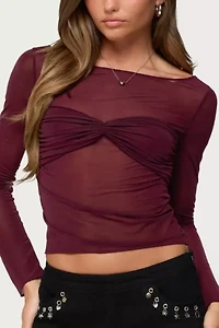 Edikted Oona Sheer Gathered Long Sleeve Top