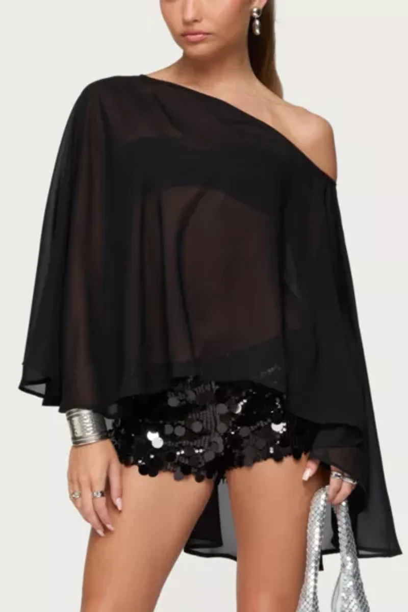 Edikted Sheer Chiffon Asymmetric Poncho