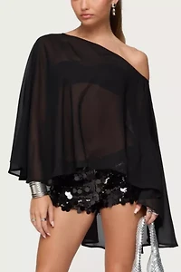 Edikted Sheer Chiffon Asymmetric Poncho