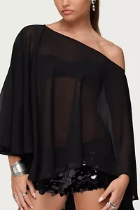 Edikted Sheer Chiffon Asymmetric Poncho