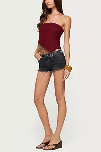 Edikted Textured Asymmetric Bead Fringe Strapless Top