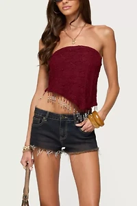 Edikted Textured Asymmetric Bead Fringe Strapless Top