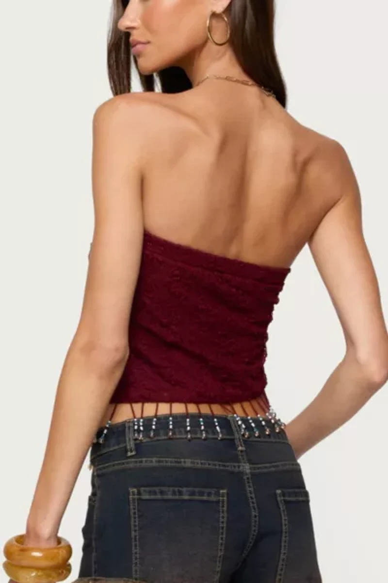 Edikted Textured Asymmetric Bead Fringe Strapless Top