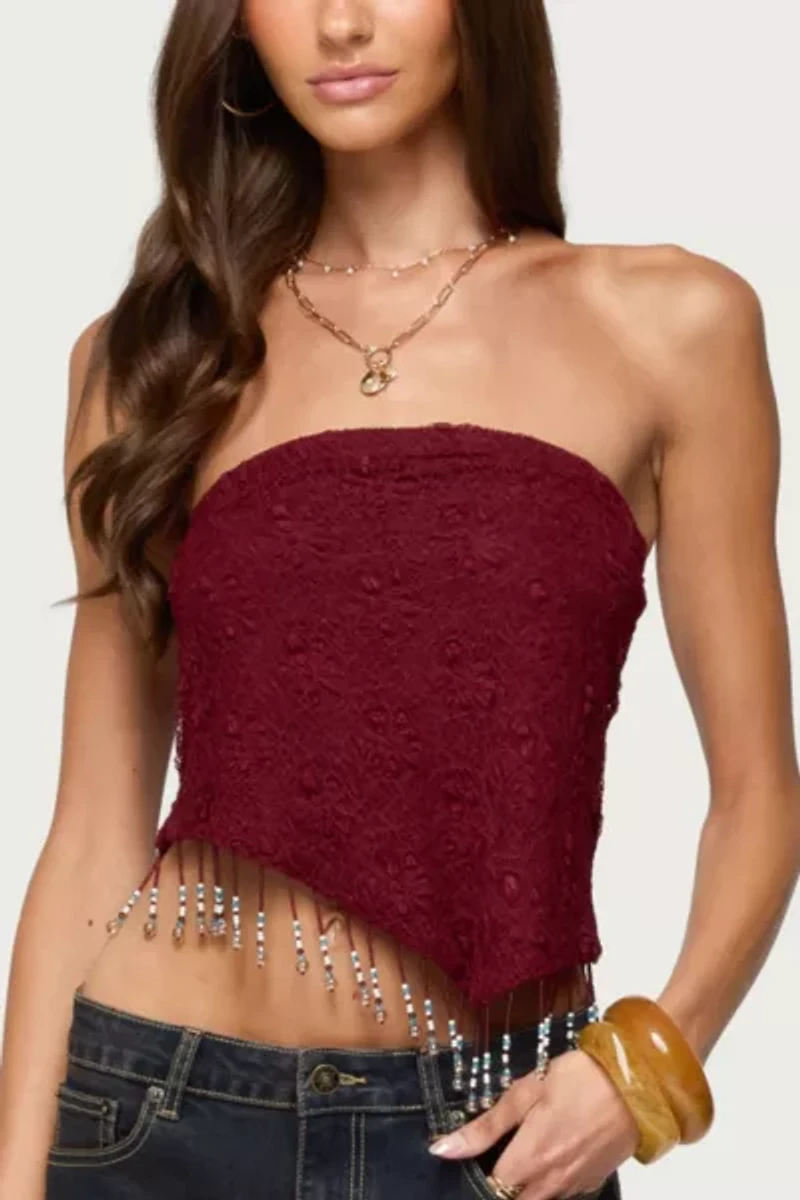 Edikted Textured Asymmetric Bead Fringe Strapless Top