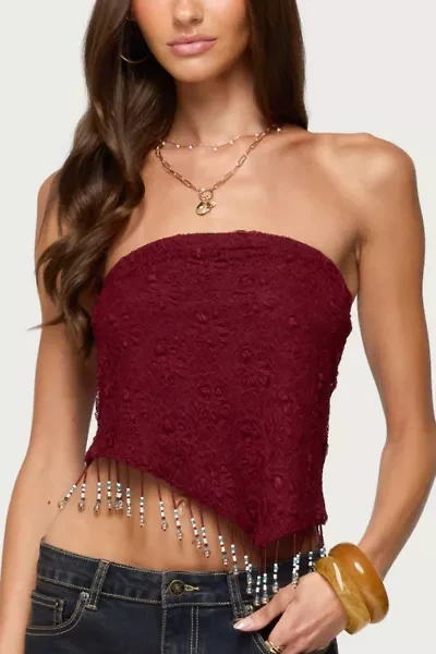 Edikted Textured Asymmetric Bead Fringe Strapless Top