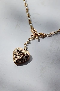 Princess Pearl & Bow Heart Locket Lariat Necklace