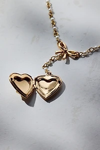 Princess Pearl & Bow Heart Locket Lariat Necklace