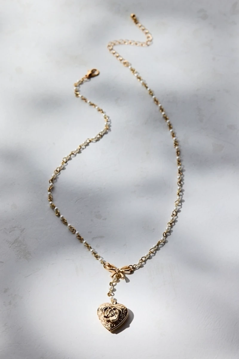 Princess Pearl & Bow Heart Locket Lariat Necklace