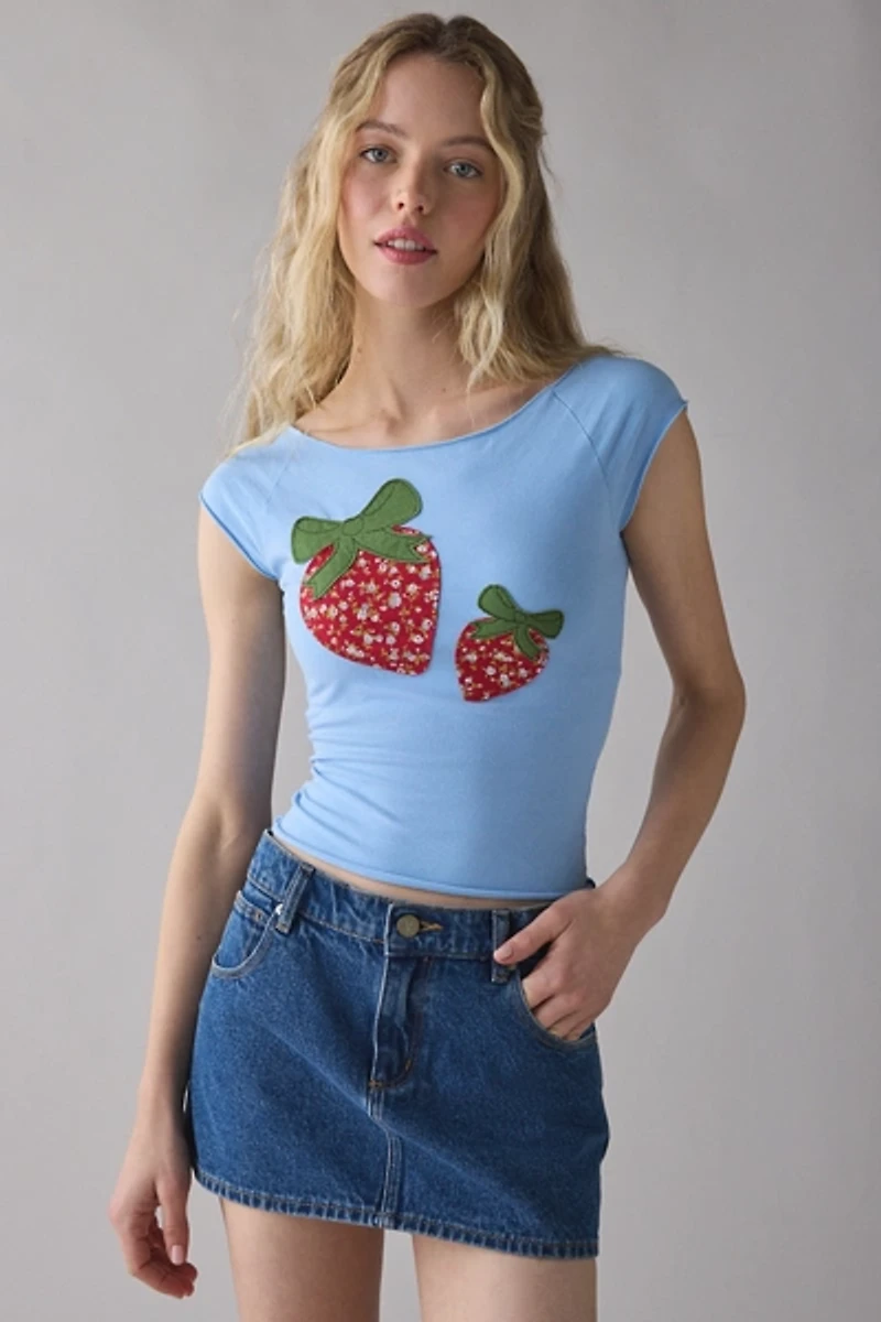 Out From Under Cotton Compression Boatneck Strawberry Graphic Tee