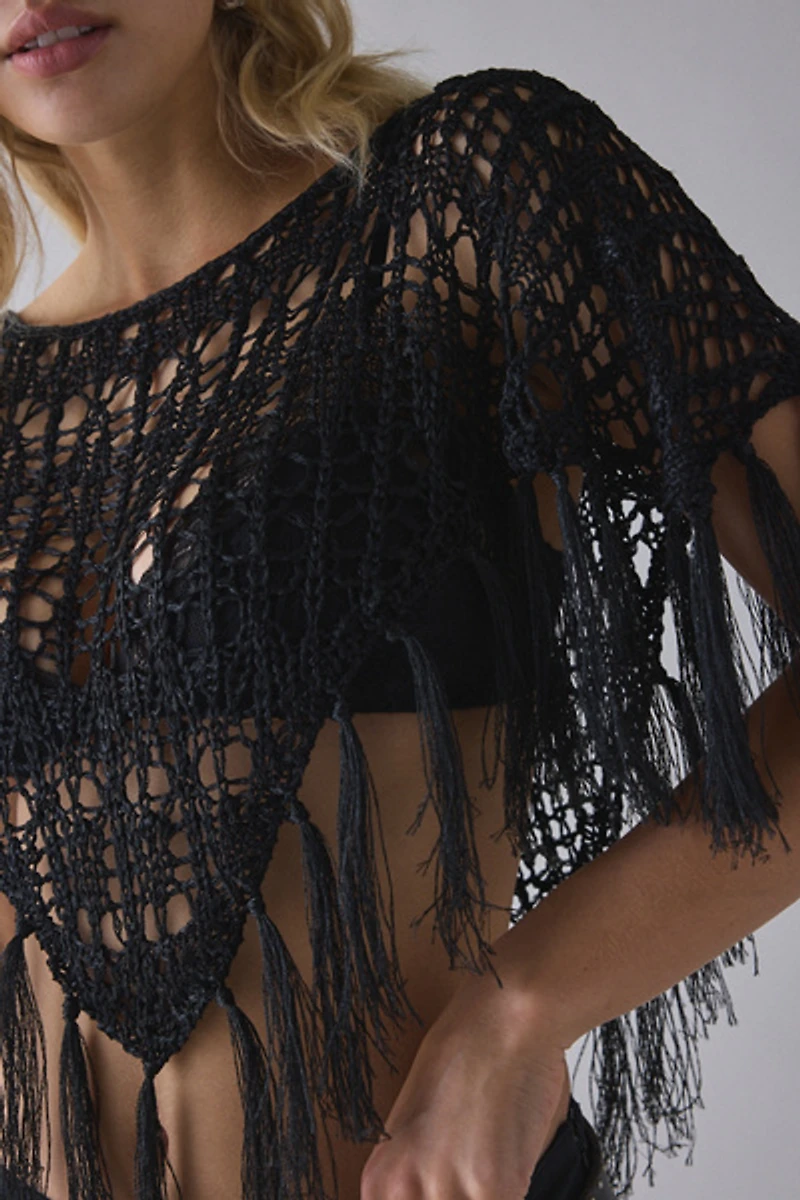 Kimchi Blue Leena Pointelle Fringe Poncho Sweater