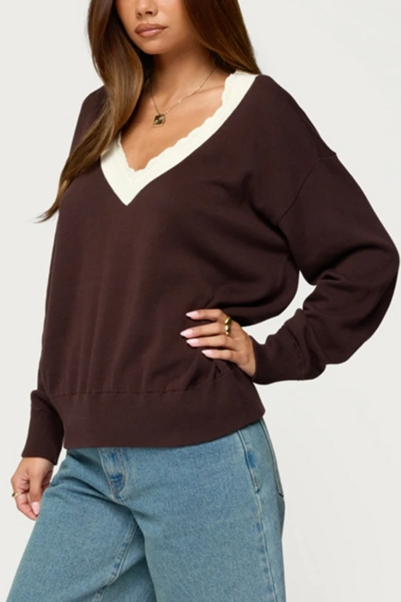 Edikted Marie Contrast Lacey V Neck Sweater