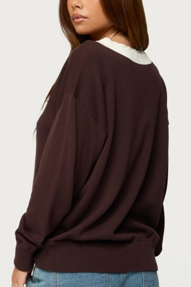 Edikted Marie Contrast Lacey V Neck Sweater