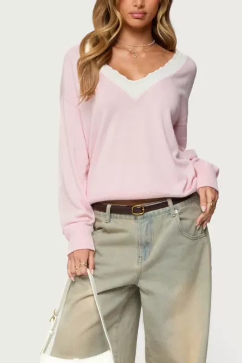 Edikted Marie Contrast Lacey V Neck Sweater